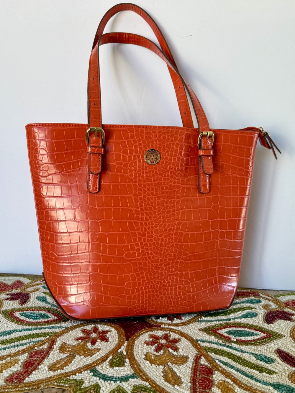 Anne Klein Orange Croc-Embossed Tote with Gold Medallion